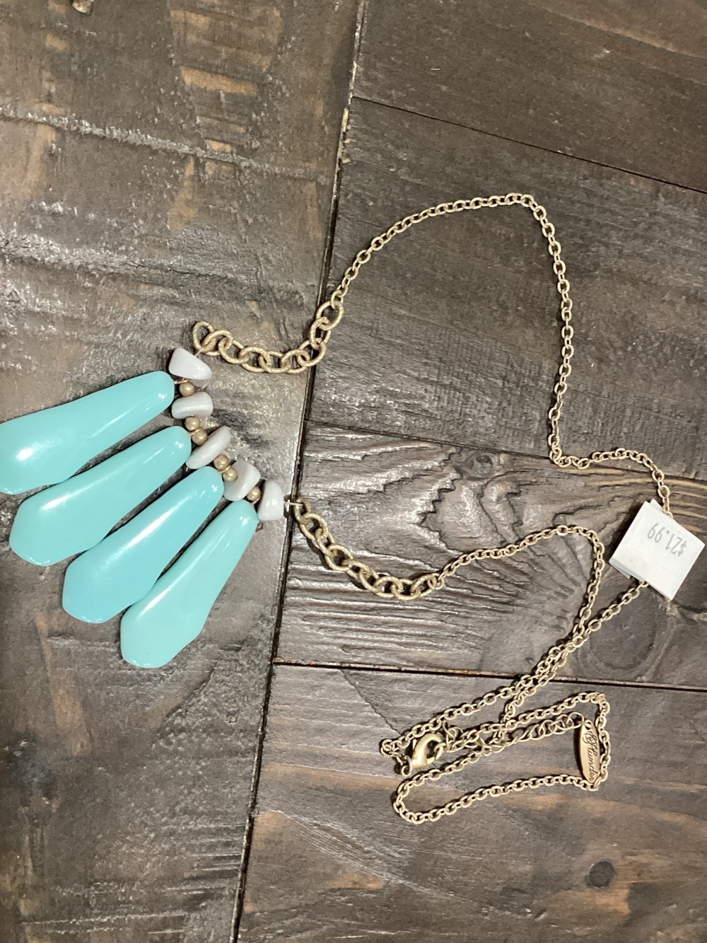 Plunder Gold-Tone Necklace with Aqua Teardrop Pendants‎